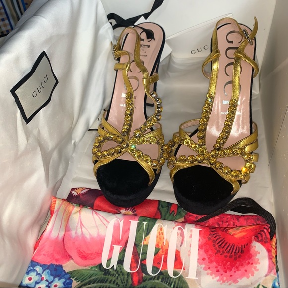 GUCCI Zephyra Crystal Embellished Ankle Strap Sandals Block Heel pump 38.5 sz 8 - Picture 14 of 15